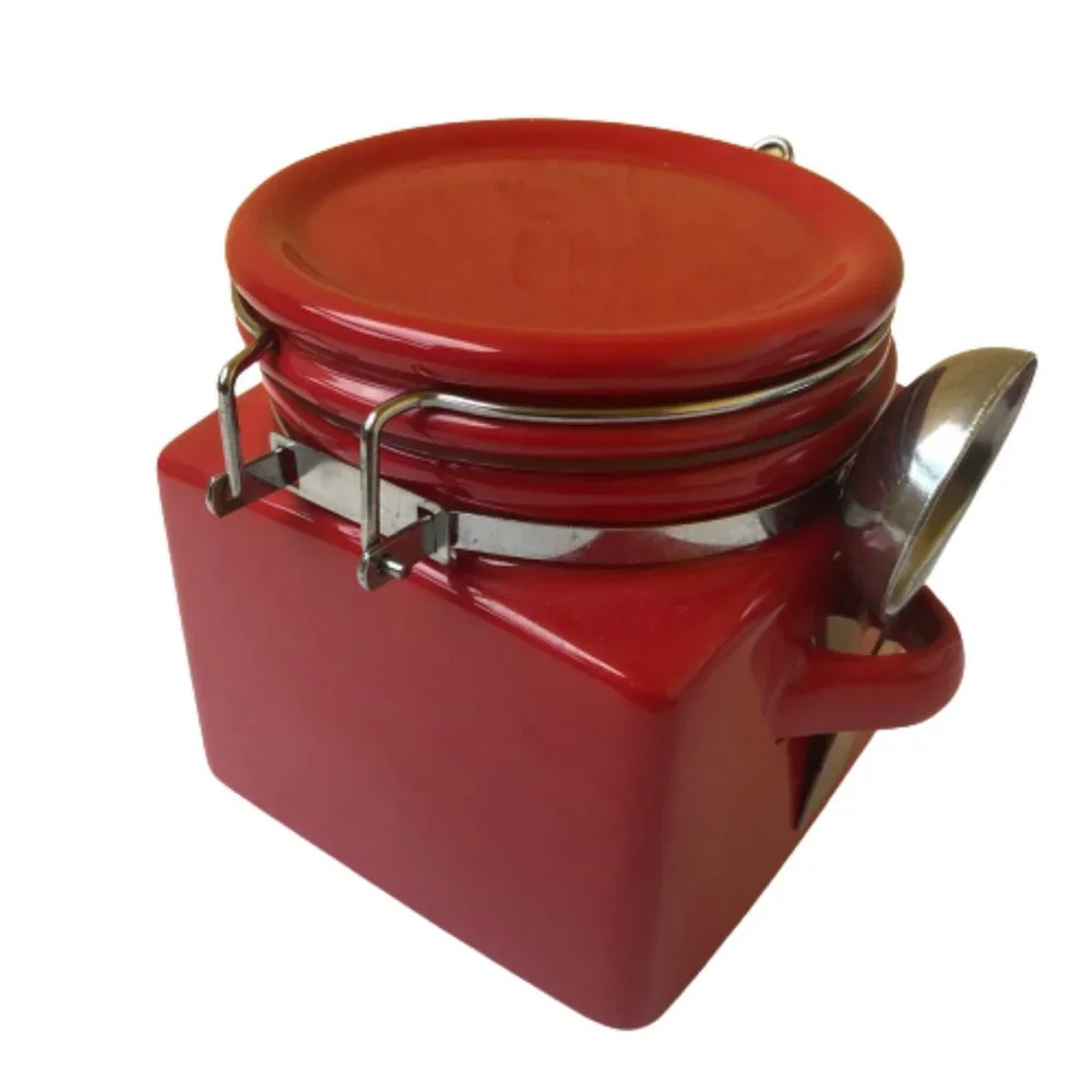 OGGI Red Ceramic Coffee Square Canister Handle & Spoon